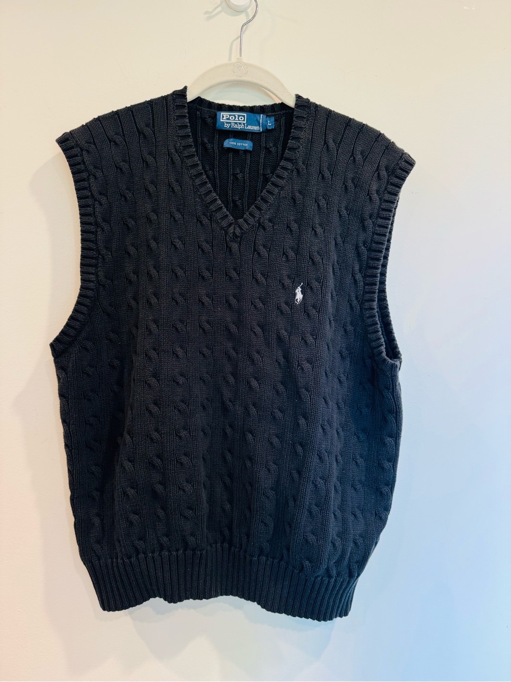 🌱 Polo Ralph Lauren Vntg EUC Cable Knit V-Neck Sweater Vest Black 100% Cotton L
